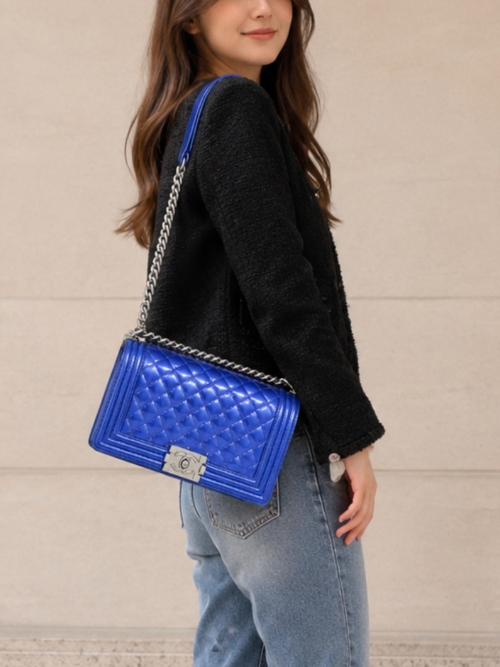 Chanel Medium Blue Patent Boy Bag